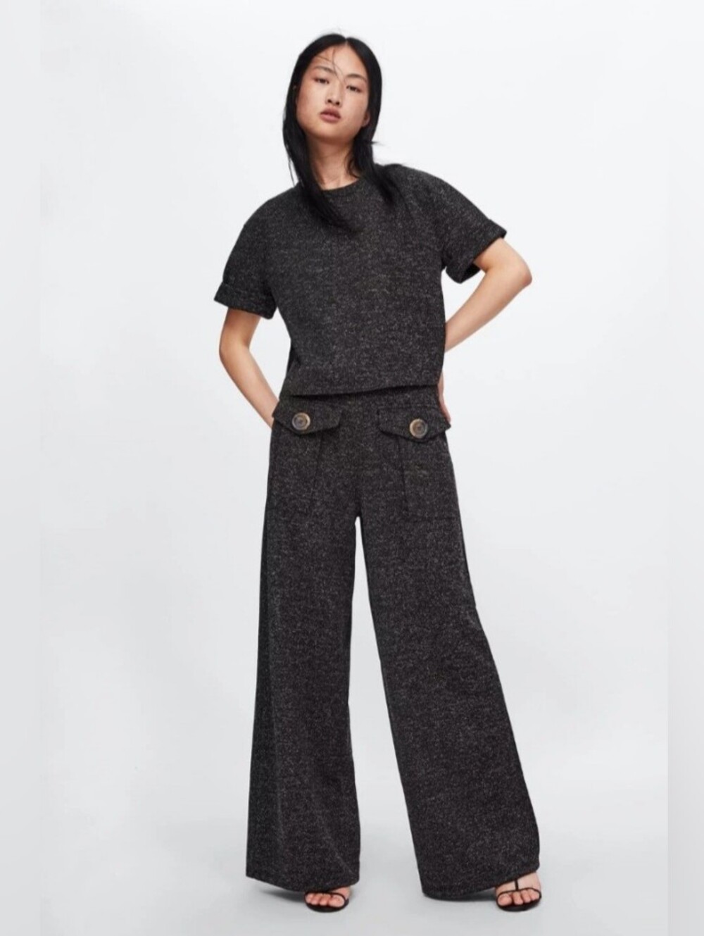 ZARA Basic Knit Wide Leg Lounge Set Gray Speckled Matching Set